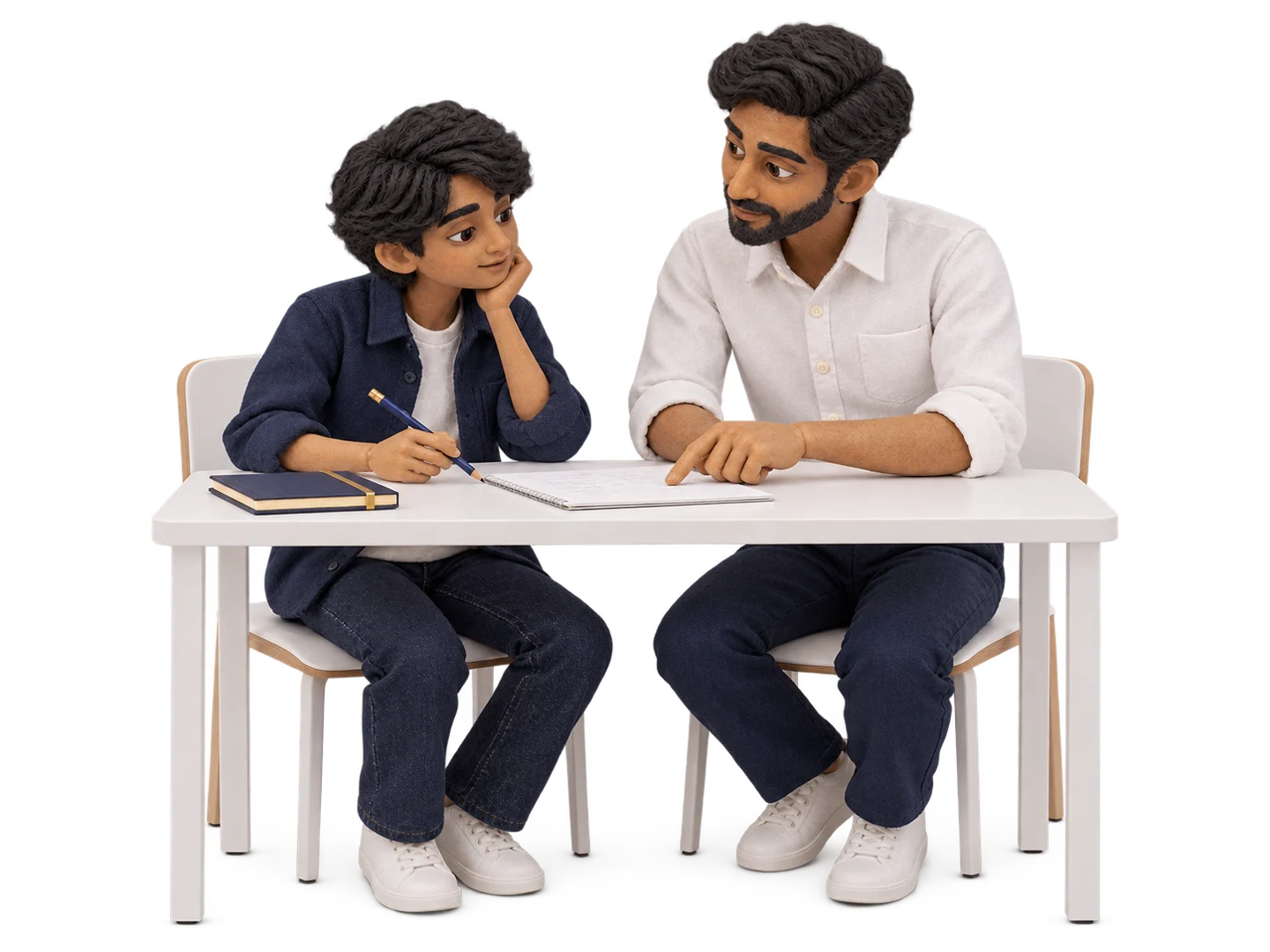 A miniature learner keeps the pencil while a tutor offers a small clue