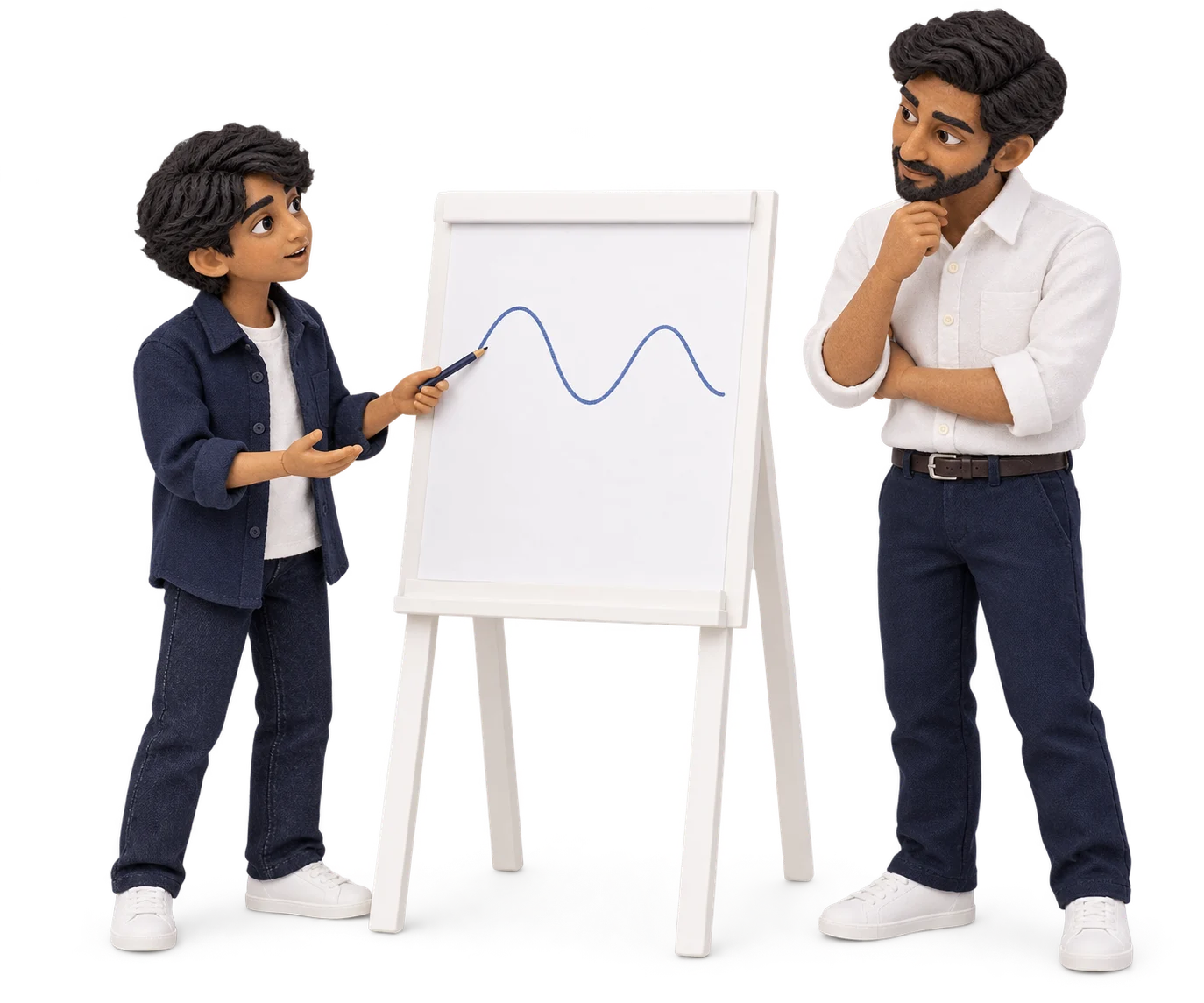 A miniature learner explaining an idea with a drawing