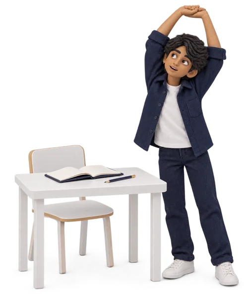 A miniature learner pausing before returning to a task.