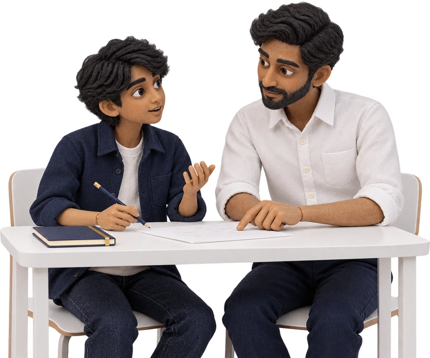 A handmade miniature learner asks a tutor a question about a page of study notes